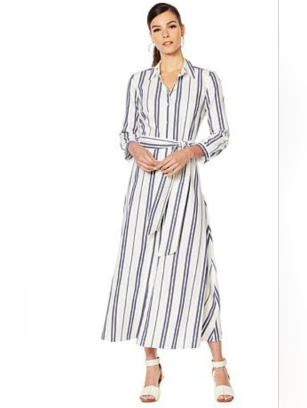 Vince Camuto White and Navy Vertical Stripe Long Sleeve Maxi Shirt Dress